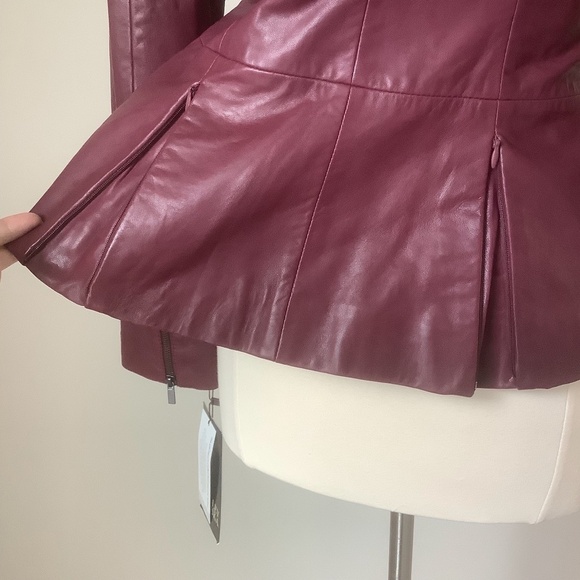 NEW Badgley Mischka Genuine Leather Peplum‎ Jacket Burgundy 67047 Size M - Picture 13 of 15